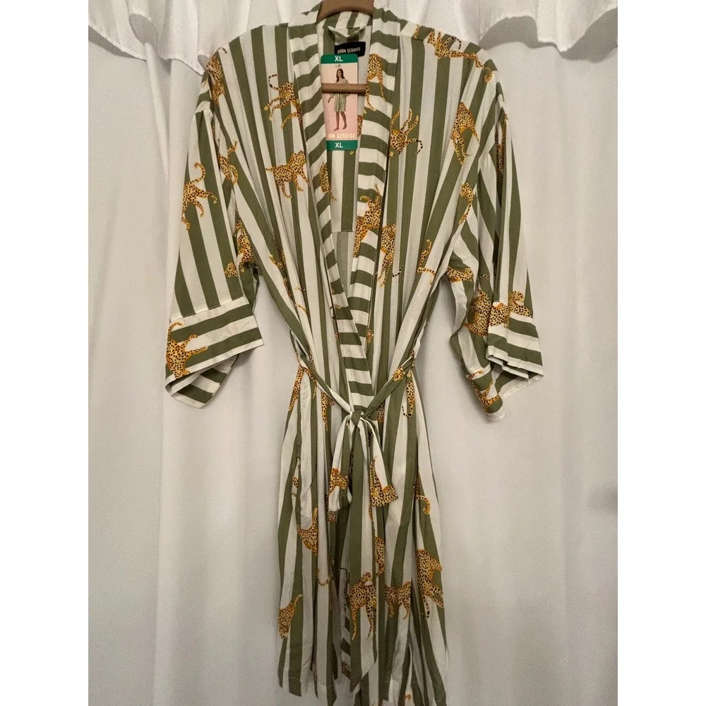 Room Service XL Robe Women Green White Striped Cheetah Animal Print